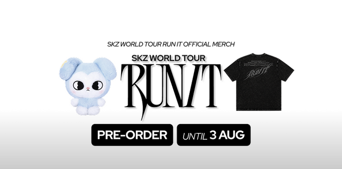 Stray kids World Tour run it official merch collection featuring a black RNT graphic t-shirt, a light blue plush toy, and small character accessories, displayed on a white background with text for SKZ World Tour and RNT pre-order for STAY this is SOOJIB banner for mobile. all about kpop,SOOJIB
