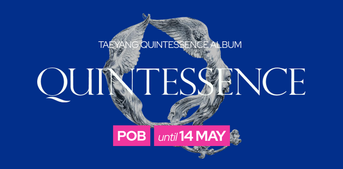 Bigbang Taeyang's album 'Quintessence' with a blue background and text. Pre-order Benefit included, All about Kpop Soojib, banner for mobile