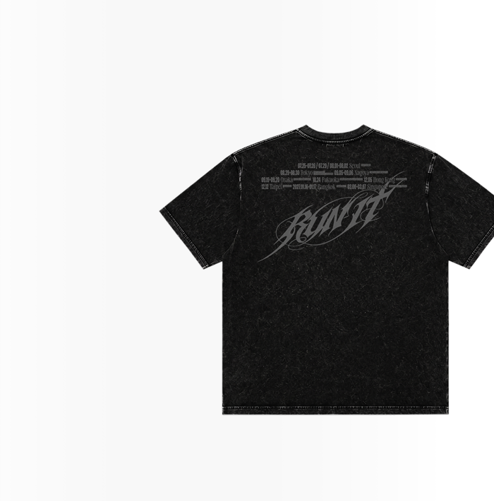Stray kids World Tour run it official merch collection featuring a black RNT graphic t-shirt, a light blue plush toy, and small character accessories, displayed on a white background with text for SKZ World Tour and RNT pre-order for STAY this is SOOJIB banner for desktop. all about kpop,SOOJIB 